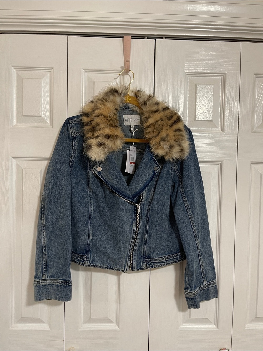 NWT Jessica Simpson Denim Moto Jacket with Detach Faux Fur Leopard Collar - Blue